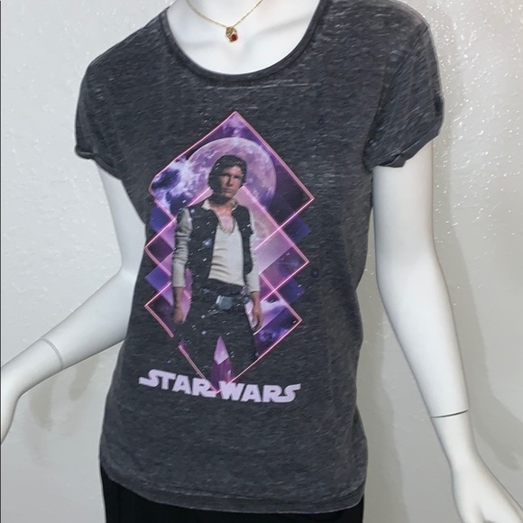 WOMEN’S LIGHTWEIGHT BURN OUT WASHED OUT GRAY HAN SOLO STAR WARS TSHIRT MED NWT - Picture 3 of 6